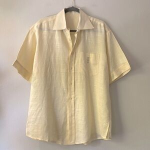 BERTINO Vintage Linen Vacation Collared Shirt Hawaiian Yellow Pocket Detail